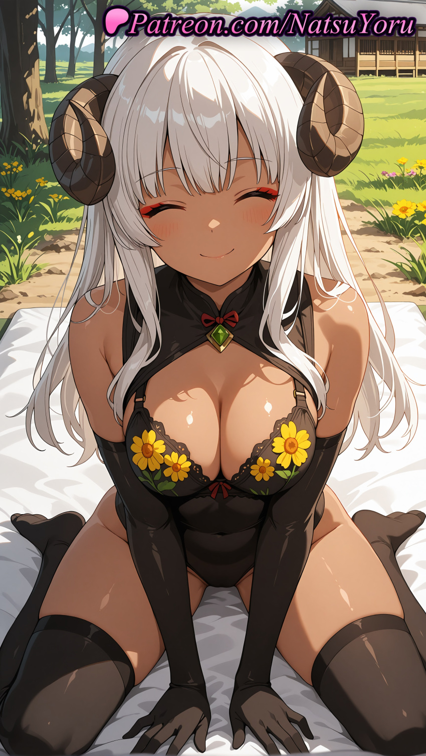 1girl 1girls 2025 ^_^ ai ai_assisted ai_generated anime anime_style asian bangs bare_shoulders bed big_breasts black_gloves black_horns black_legwear black_leotard black_thighhighs blush breasts bust chiyu_mahou_no_machigatta_tsukaikata cleavage cleavage_cutout closed_eyes closed_mouth clothing_cutout covered_navel curled_horns dark-skinned_female dark_skin day elbow_gloves eyeliner eyeshadow facing_viewer felm female_focus female_only floral_print flower gloves grass hentai high_quality high_res high_resolution highleg_leotard horns leotard long_hair makeup natsuyoru no_shoes outside patreon red_eyeliner sheep_horns sitting smile solo_female stable_diffusion stockings thighs tree voluptuous voluptuous_female wariza white_hair yellow_flower